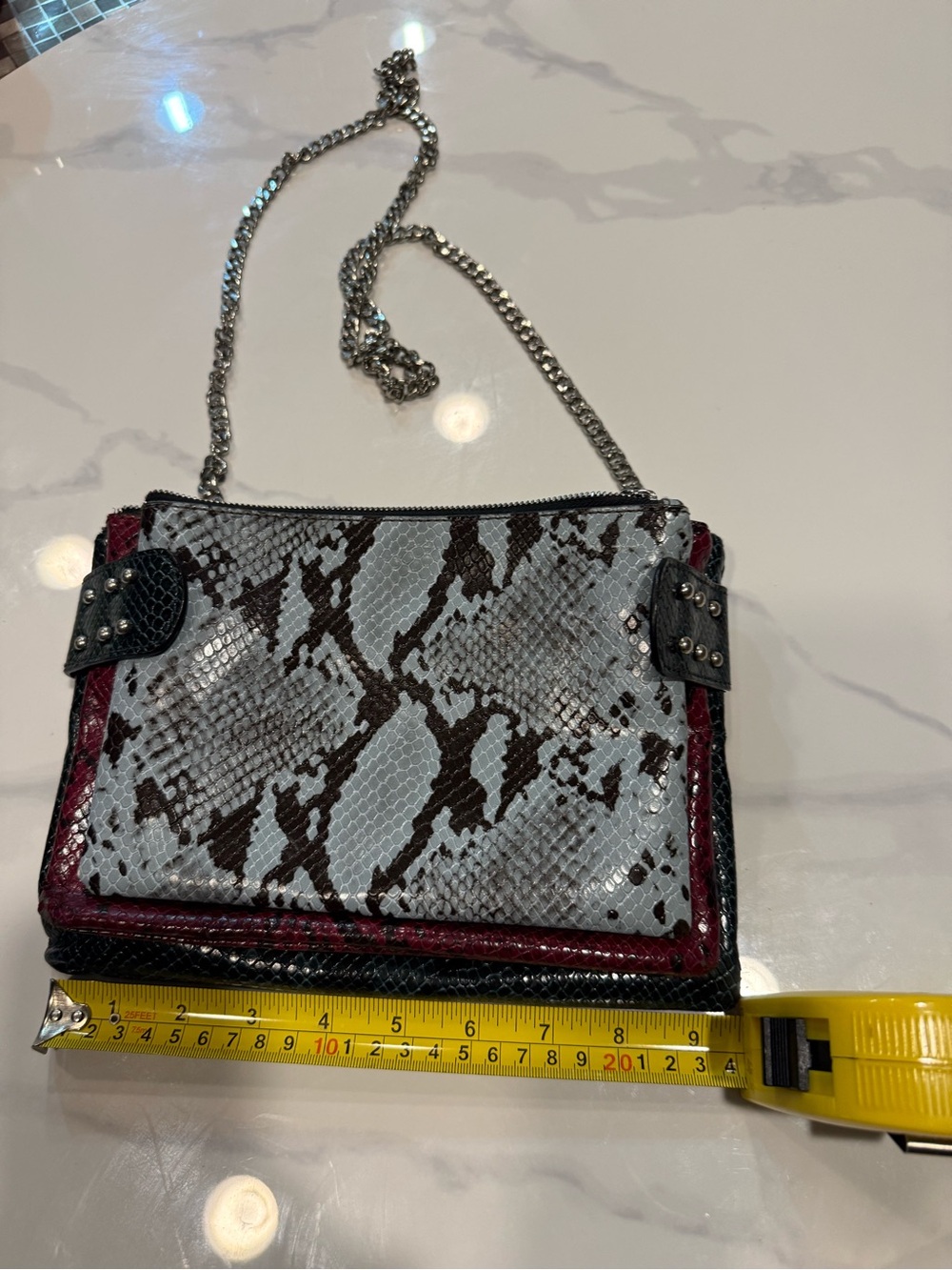 Zara Snake-Print Crossbody with Silver Chain & Burgundy Trim
